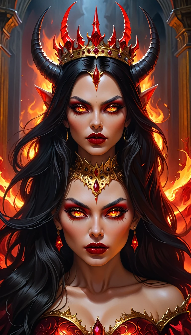 Arafed a picture of the queen of demons, in the halls of hell, a demons queen magnificent and full of awe, black hair, long hair, flowing hair, bold intense eyes, extremely exquisite beautiful queen, perfect body, (anatomically correct: 1.3), ultra feminine, ultra detailed face, black lips, fiery glowing eyes, (demonic horns from head: 1.1) , (red skin: 1.1), dynamic angle, there is (golden crown on her head: 1.1) , studded with diamonds and rubies, the hall of the queen of hell background, (masterpiece: 1.4) intense details, highly detailed, photorealistic, best quality, highres,16k, [ultra detailed], masterpiece, best quality, (extremely detailed), close up, ultra wide shot, photorealistic, RAW, fantasy art, dnd art, fantasy art, realistic art,((best quality)), ((masterpiece)), (detailed: 1.5), ral-ntrgmstn, faize