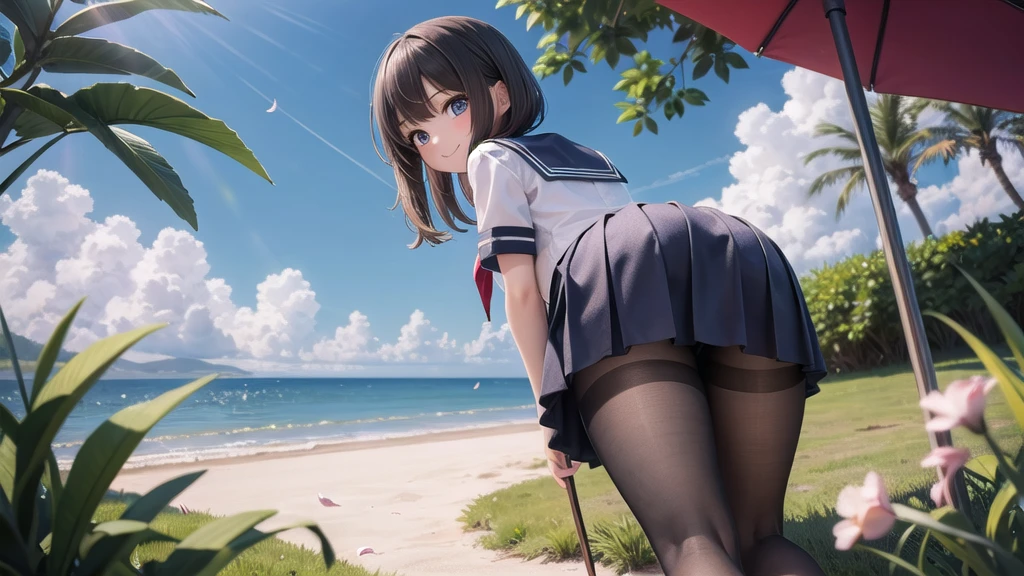 (masterpiece),  town,  blue sky,  One Girl, Place the person on the right,  smile,  alone,  Sailor suit、Long skirt,  Overgrown,  petal,  plant、Skirt lining、Translucent slip、nostalgic、Black Pantyhose、I can see the ocean in the distance, Crotch close-up