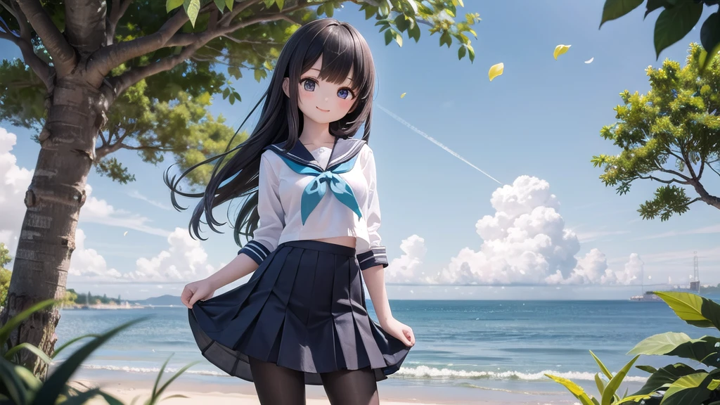 (masterpiece),  town,  blue sky,  One Girl, Place the person on the right,  smile,  alone,  Sailor suit、Long skirt,  Overgrown,  petal,  plant、Skirt lining、Translucent slip、nostalgic、Black Pantyhose、I can see the ocean in the distance, Crotch close-up