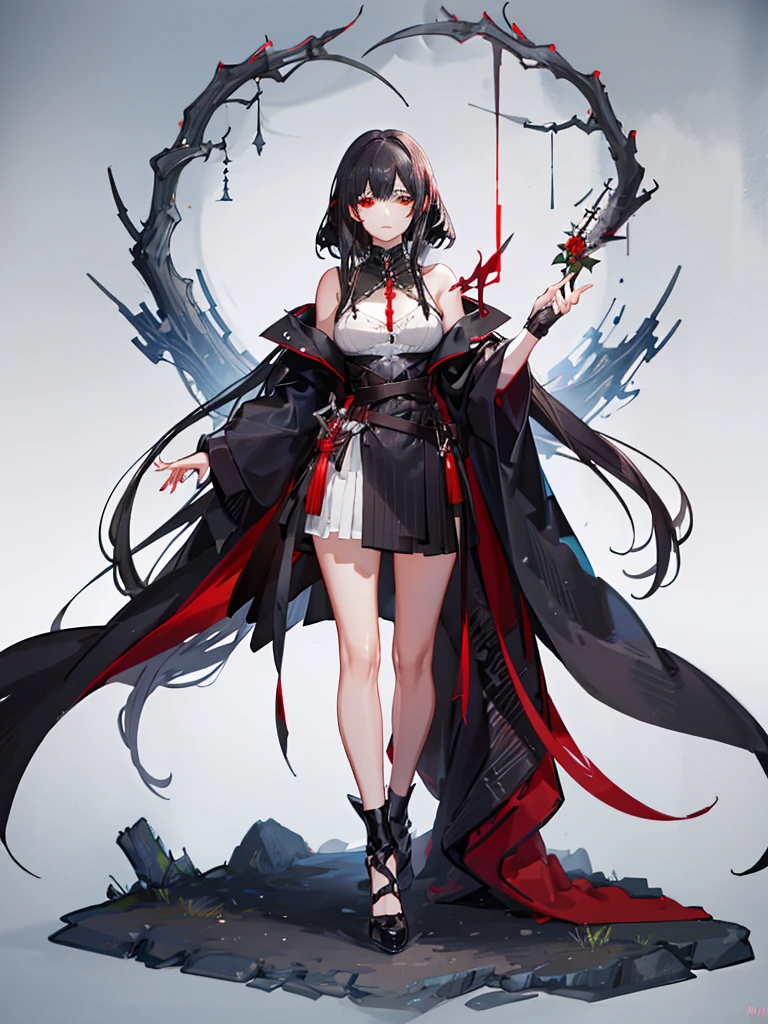 A girl with black hair and red eyes,Wearing a black cloak and heavy black robes,Heavy fog surrounds,She holds a dagger in her hand,Looking at you upright(Full body portrait)