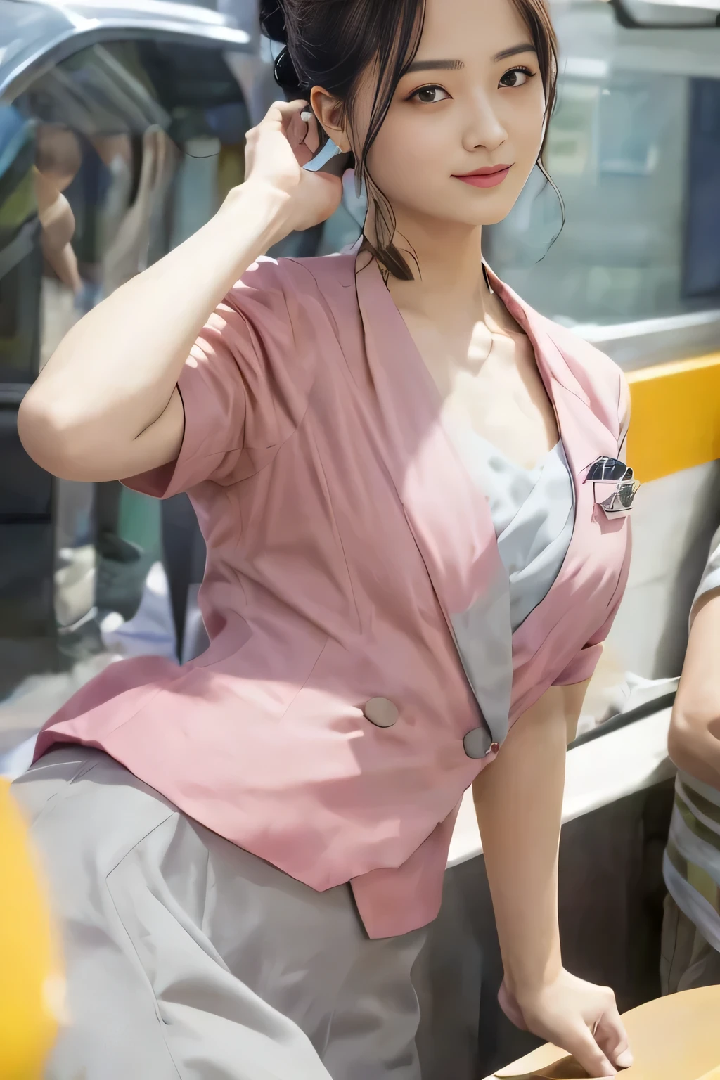 (masterpiece:1.2, Highest quality:1.2), 32k HDR, High resolution, (alone、1 girl)、 (Height: 160cm)、（On the rooftop of a building in the daytime、Professional Lighting）、Building rooftop background、（Nankai train crew uniform pinkを着たリアルスタイル）、（Nankai train crew uniform pink short sleeve collarless pink jacket、Nankai Train Crew Uniform Pink Collarless Short Sleeve Blouse、Nankai Train Crew Uniform Pink Grey Knee-length Culottes）、（The pink jacket is showing from the culottes.）、Dark brown hair、（Hair tied up、Hair tied up、Evening curly hairstyle）、Dark brown hair、Long Shot、Big Breasts、Thin legs、（（Great hands：2.0）），（（Harmonious body proportions：1.5）），（（Normal limbs：2.0）），（（Normal finger：2.0）），（（Delicate eyes：2.0）），（（Normal eyes：2.0））)、smile、（Nankai Train Crew Uniform Pink Grey Knee-length Culottesを見せた美しい歩く姿）、Place your hands around your stomach、Lanyard employee ID card
