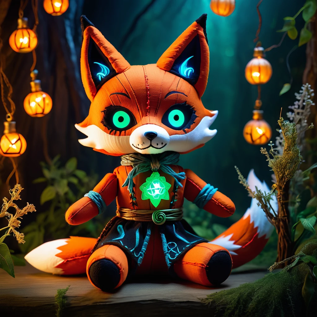 (knitted toy voodoo doll:1.9), (Voodoo Fox Familiar:1.8), (Clothing: sly robes with cunning symbols:1.0), (Accessories: enchanted mask, glowing lantern, magical herbs:1.2), (Background: enchanted forest with swirling mist, glowing plants, and mystical runes:1.2), (full body:1.0), (full body:1.0), best quality, masterpiece, detailed soft oil painting, detailed background, dramatic cinematic lighting, soft edge lighting, professional, dramatic lighting, hard edge lighting, ultra quality, 4k, masterpiece, best quality, 8k, ultra high definition, high resolution, extremely detailed