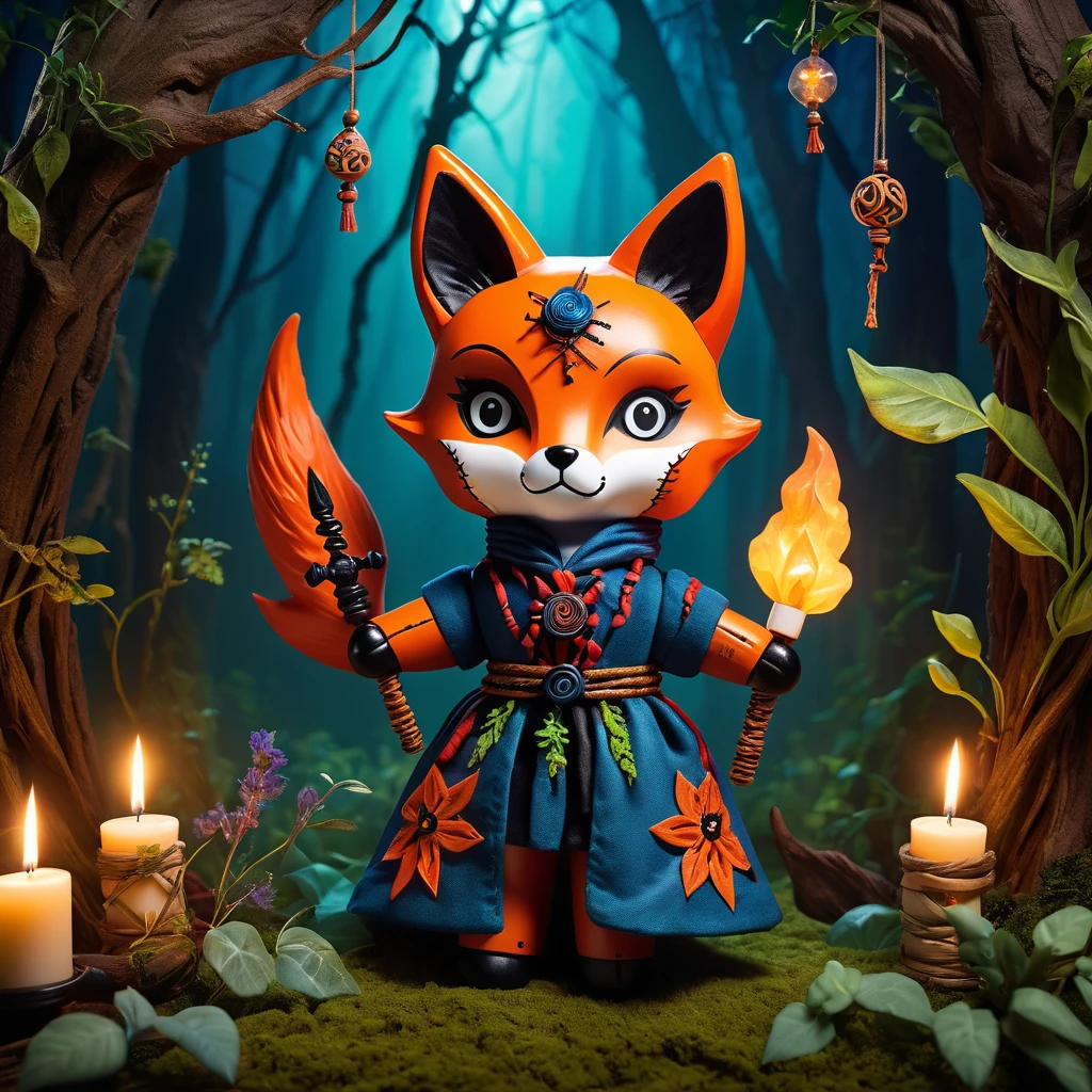 (knitted toy voodoo doll:1.9), (Voodoo Fox Familiar:1.8), (Clothing: sly robes with cunning symbols:1.0), (Accessories: enchanted mask, glowing lantern, magical herbs:1.2), (Background: enchanted forest with swirling mist, glowing plants, and mystical runes:1.2), (full body:1.0), (full body:1.0), best quality, masterpiece, detailed soft oil painting, detailed background, dramatic cinematic lighting, soft edge lighting, professional, dramatic lighting, hard edge lighting, ultra quality, 4k, masterpiece, best quality, 8k, ultra high definition, high resolution, extremely detailed