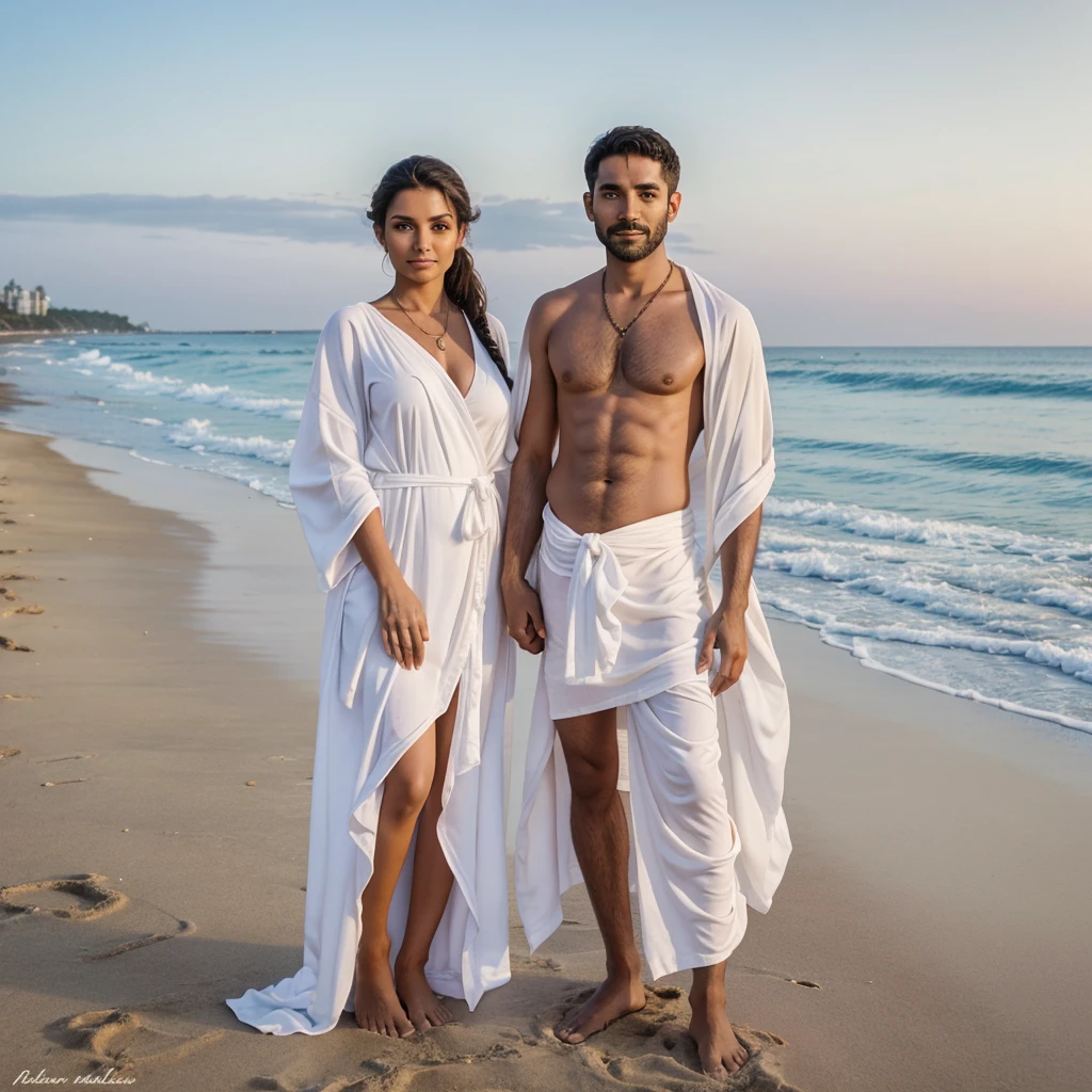 there is a man and woman and a  on the beach, naked traditional garb, full body photogenic shot, edited, happy family, wearing white robes!, by Bapu, wearing a no dress, very very low quality picture, mixed art, wearing a no dress, in a beachfront environment, husband wife and son, not wearing any cloths