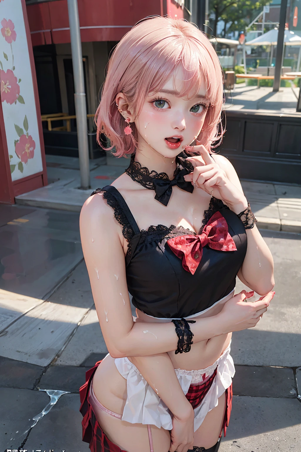 (masterpiece:1.2, Highest quality), (Realistic, photoRealistic:1.4), Beautiful illustrations, (Natural Side Lighting, Cinema Lighting), Browsing Caution,
View Viewer, (Bust up shot)、Front view:0.8, 1 girl, Japanese, high school girl, Perfect Face, Cute and symmetrical face, Shiny skin、
(Semi-short cut hair, Side Lock, Light pink hair), Parted bangs, Emerald green eyes, Long Eyelashes, (Big Breasts:0.8),
Beautiful Hair, Beautiful Face, Beautiful fine details, Beautiful clavicle, Beautiful body, Beautiful breasts, Beautiful fingers, Beautiful nipples、Beautiful armpits、Beautiful, perfectly aligned teeth、
((A cat suit with attention to detail、(Pastel red floral lace panties、Mini checkered pleated skirt、Black garter stockings)、Shyness、(Open your mouth:1.3)、Red bow tie、Earrings、(topless:1.2)))、
(amusement park、Merry-go-round、horse、Pole)、 (Troubled face、Upward glance), (The skin is moist and wet:1.2)、(Semen is on it:1.6)、(Licking your fingers:1.2)