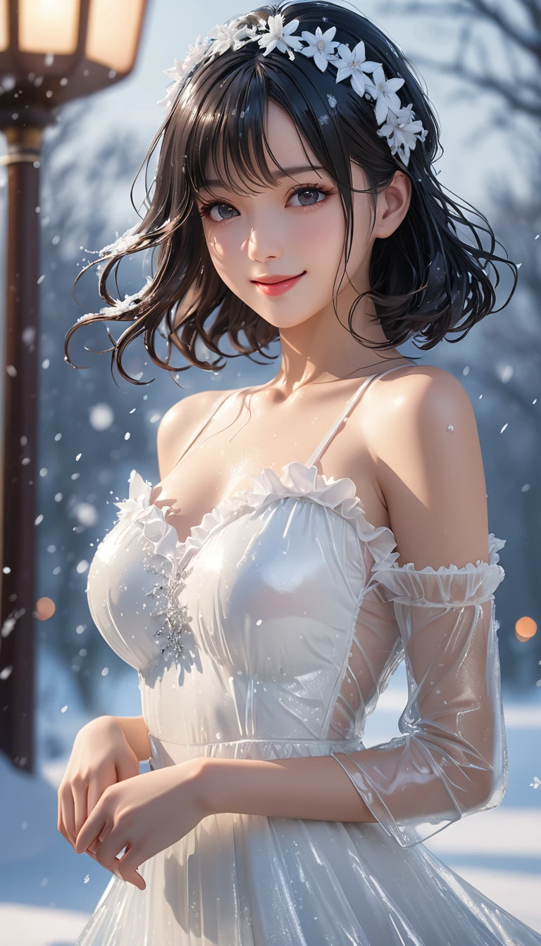 (((masterpiece))),Highest quality,figure,4k wallpaper,Cinema Lighting,Absurd,1 Girl,(snow,ice),snow flower,In winter,Black Hair,Shiny Hair,Long Bob,curl,Transparent clothes,White color dress,Elegant and beautiful dress,Frills,race,Wet clothes,Leave_shoulder,hair band,masterpiece,Absurd,Beautiful Face,A slightly bitten face,Smile a little,Features,Natural light,Soft Light,(Seven-part combination),amazing,Dreamy and magical,mystery,