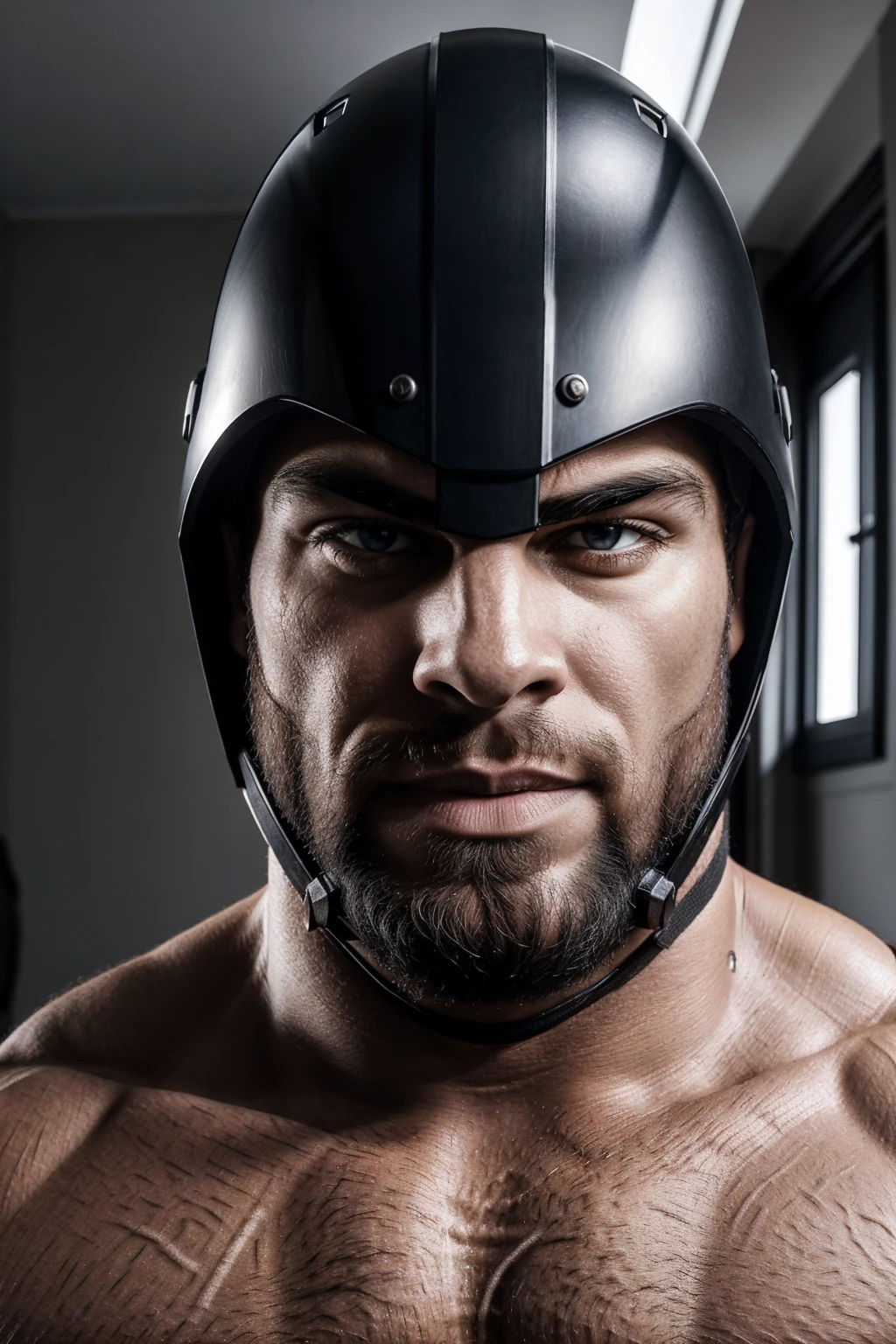1Muscular man wearing a full face helmet,2-hole helmet,black helmet,Masked,Adult male,beefcake,Bodybuilding,Huge pectoral muscles,Thick arms,Broad shoulders,Round buttocks,naked upper body,Wear sex tongs,Brown Thong,Mature,robust,Burly,tall and straight,luscious,Sexy,Masculinity,Big,big man,Heavy,Strong,apartment,The sun shines in from the window behind