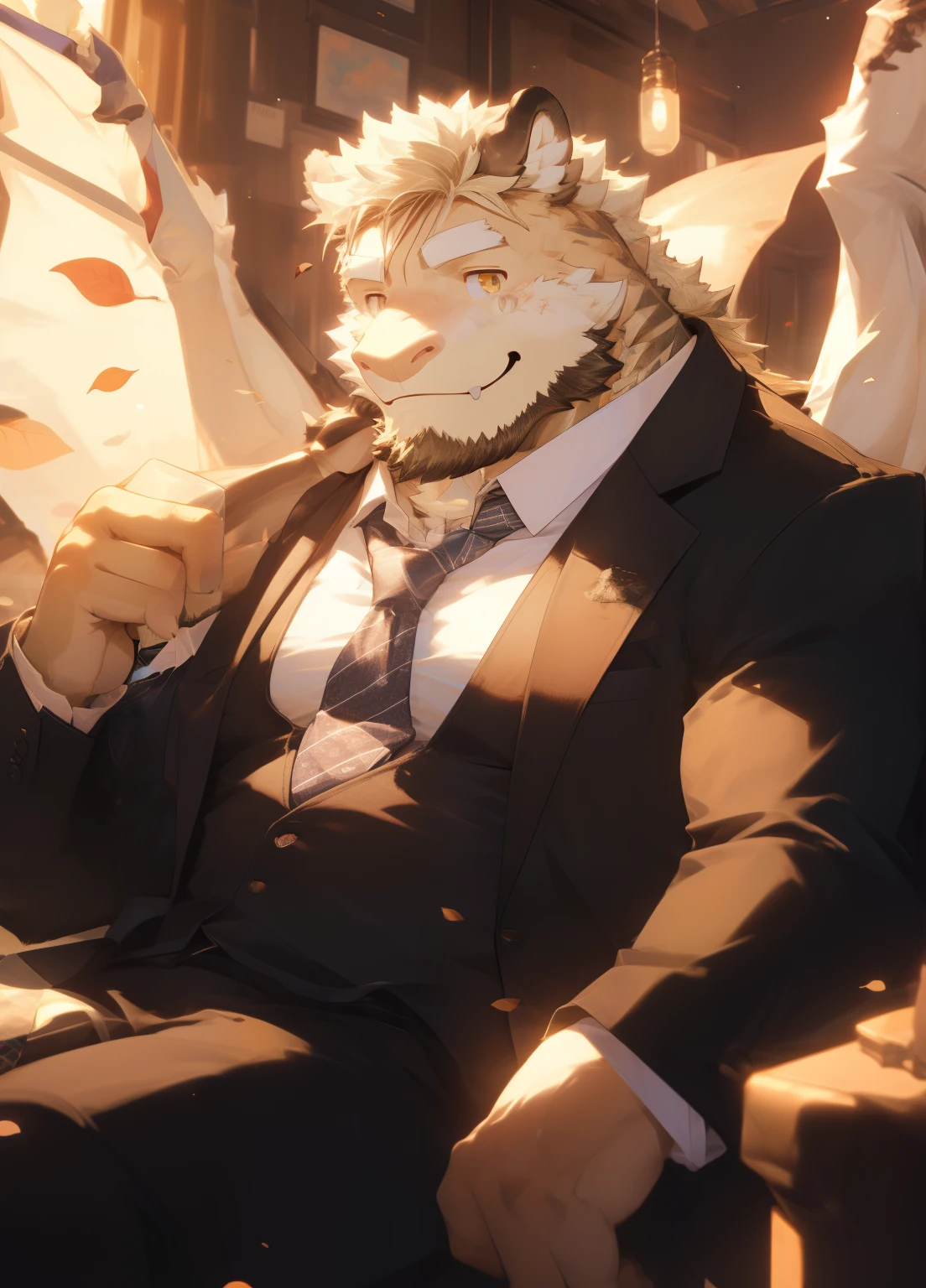 (masterpiece)，(Very detailed)，(best quality)，hairy，Dragon Orc，Black fur，There are some blonde hair，Golden pupils，，muscular，(:1.2)，((Black:1.3，tie:1.4))，(((Unbutton your clothes)))，(((Smile)))，（Warm and cheerful:1.1)，(In the bedroom，Fallen leaves drift in from the window)，dusk，The sunset outside the window，Light shines through the windows,(Very detailed)，8K，(Ultra-high quality)，Beautiful wings