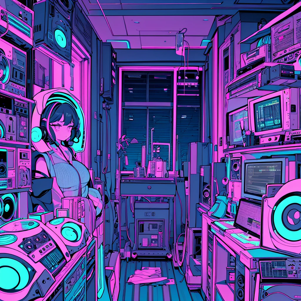 Best quality, (masterpiece), best detail face,1 girl, big breasts, 18 yo, 8k,absurdres,unity 8k wall paper,(extremely detailed:1.3), highest realistic, (retro headphones:), (soft neon light:), (psychedelic), Her room full of music equipment and plants, Light clothing in summer, See the whole room, natural color palette