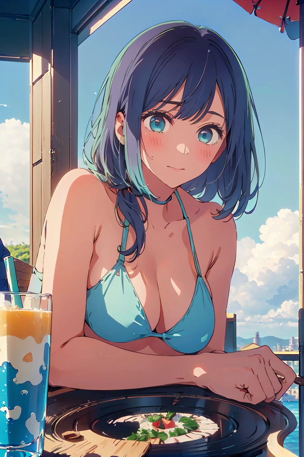 (Highest quality:1.4、masterpiece:1.4、Super detailed:1.4、Ultra-high resolution:1.4、8K:1.4)、F cup bust、Big Breasts、Slim body、((((1 person、Surprised expression、sit、Chair、In the background are the urban buildings of Tokyo、looking at the camera、Outdoor café terrace、coastal、juice、Shooting up close、Shooting from an angle、table、Very cute face))))、(Pose with hands tucked behind ears:1.4、Cheek resting on hand:1.4)、((nude、very beautiful areola、bikini size too small))、Very blue sky、A completely cloudless sky