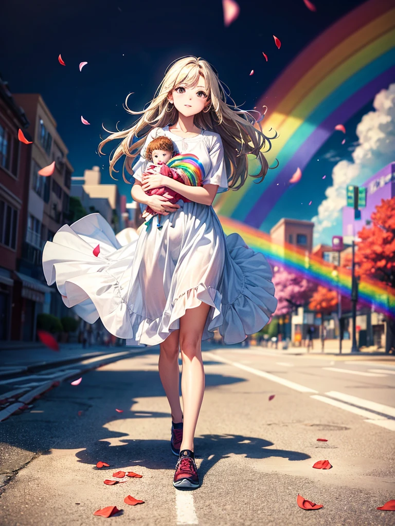 Highest quality,Highest Resolution,A woman walking down a sidewalk with falling flower petals, holding a baby,Rainbow on background,