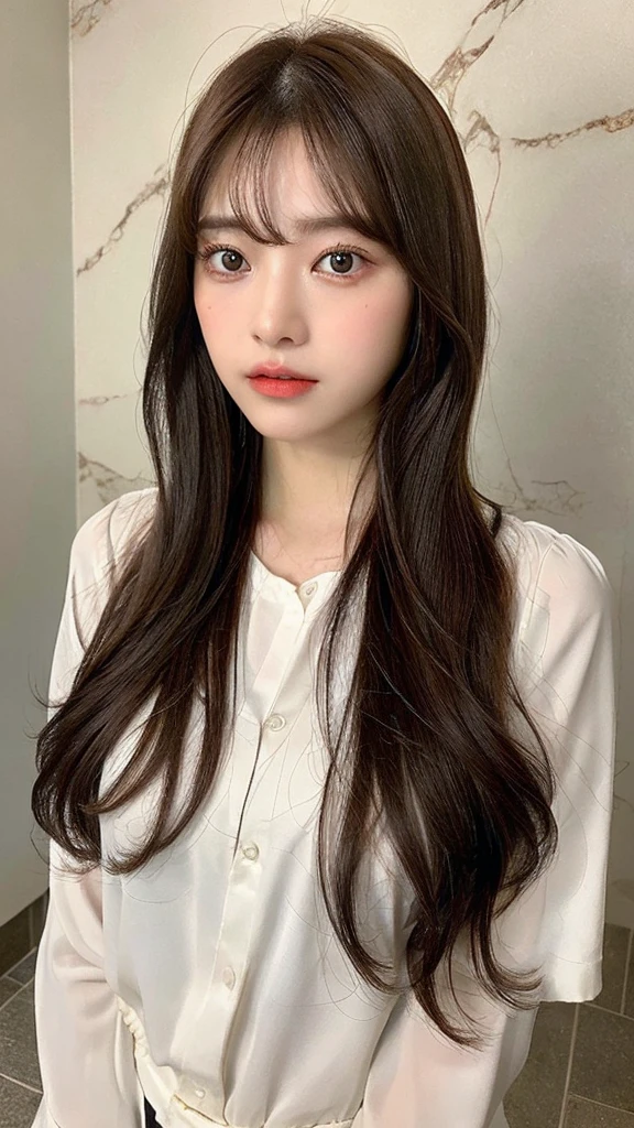 ((top-quality、8K、​masterpiece：1.3))、Crisp focus：1.2、Beautiful Women in Perfect Style：1.4、The horizontal full body is displayed1.2、full body1.2((dark brown hair、Colossal tits：1.2))、(White button shirt:1.1)、Marble background:1.2、stright long hair、Highly detailed facial and skin texture、A detailed eye、double eyelid、Take a full-body photo of you。Secure the camera、Position yourself so that you can see your whole body clearly.。It's also important to make sure your face is clearly visible.。Try to shoot in as natural a pose as possible。
