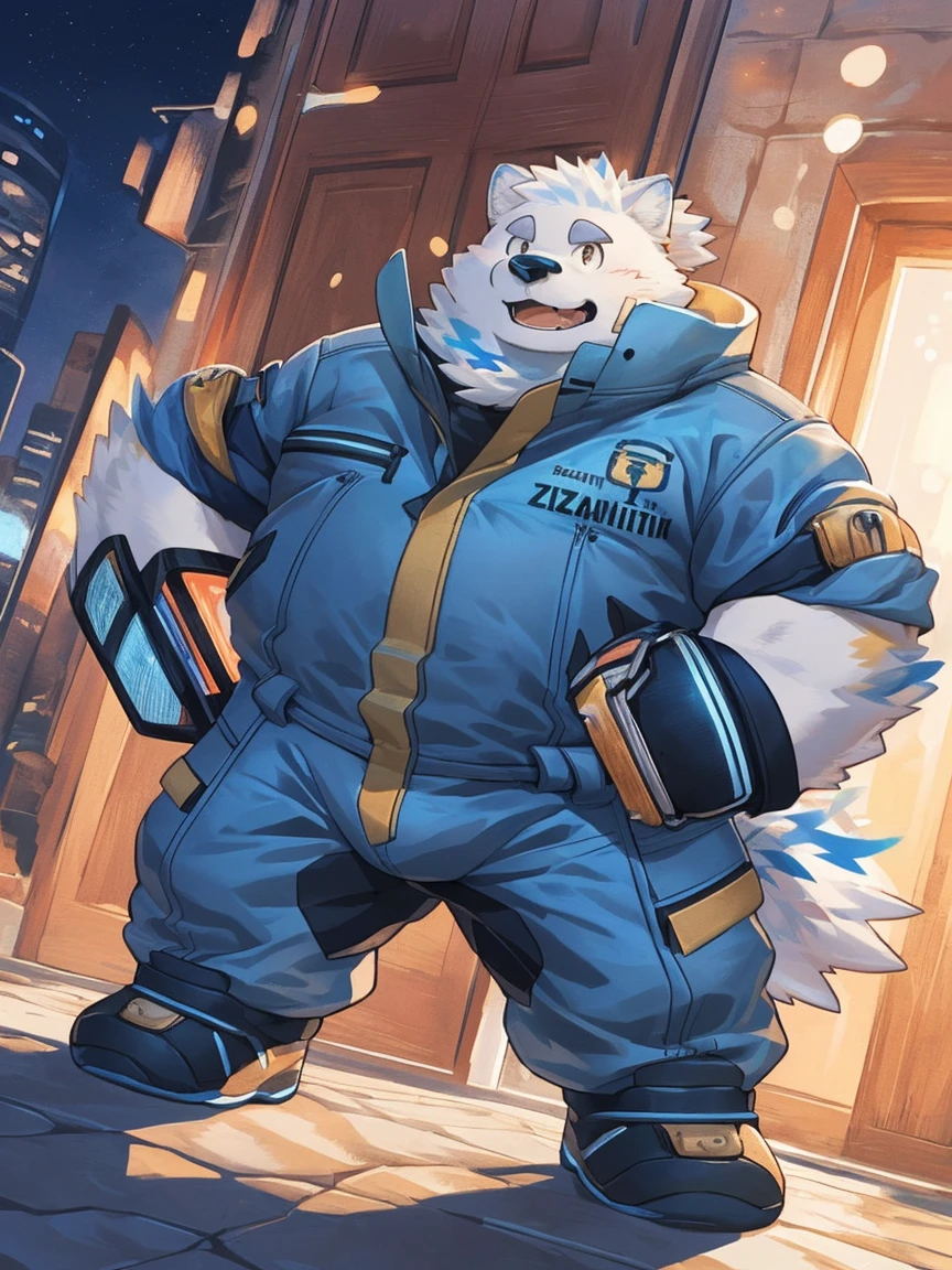 human nature, Wildlife, male,18 years old， solitary, ((Round Face, The face is plump,Orange eyes,Thick white hair，With scars)), ((Endomorph, Handsome，enthusiasm)), (Sportswear，Light blue and white coat，Wear a sports cap), ((domestic 犬, Dog Orc，) Fluffy fur, Fluffy), Bokeh, (high quality, high resolution, masterpiece), (Dynamic Lighting, Vibrant colors，Natural fill light), (Revitalize，harm，Disdain，aggressive), Full body picture (close up), cartoon, author：Takemoto Arashi, From zixiong, By Chunni, author：Empty Ghost，（background：Night cottage door）