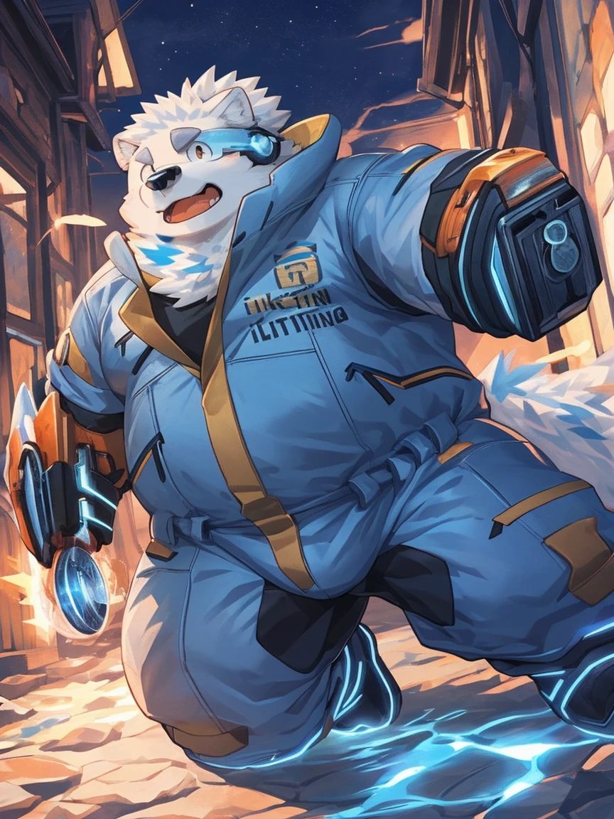 human nature, Wildlife, male,18 years old， solitary, ((Round Face, The face is plump,Orange eyes,Thick white hair，With scars)), ((Endomorph, Handsome，enthusiasm)), (Sportswear，Light blue and white coat，Wear a sports cap), ((domestic 犬, Dog Orc，) Fluffy fur, Fluffy), Bokeh, (high quality, high resolution, masterpiece), (Dynamic Lighting, Vibrant colors，Natural fill light), (Revitalize，harm，Disdain，aggressive), Full body picture (close up), cartoon, author：Takemoto Arashi, From zixiong, By Chunni, author：Empty Ghost，（background：Night cottage door）