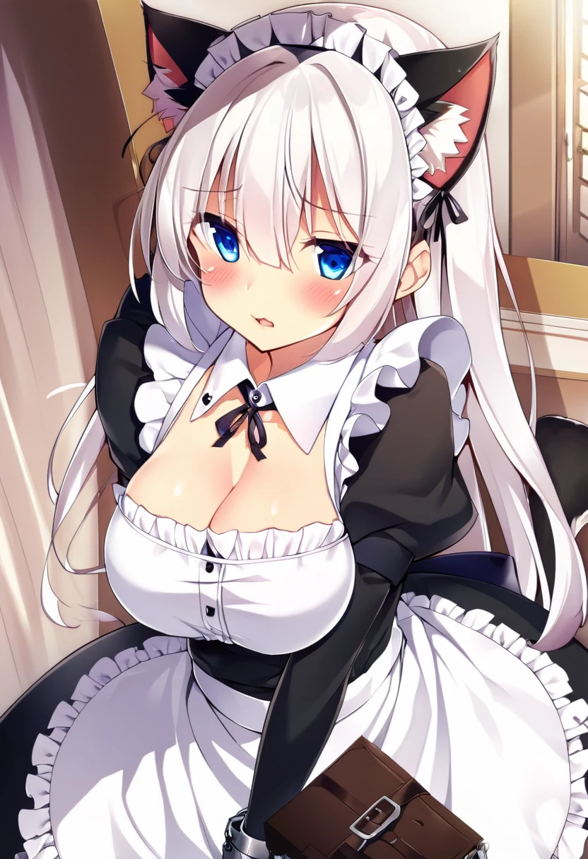 one girl, handcuffed above her head, slave, cat ears, white hair, naive, cute, maid