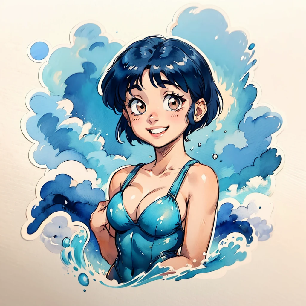 1girl, TendouAkane, simple art, cute, watercolor, white background, looking at the viewer, AkaneYellowSwimsuit, big smile