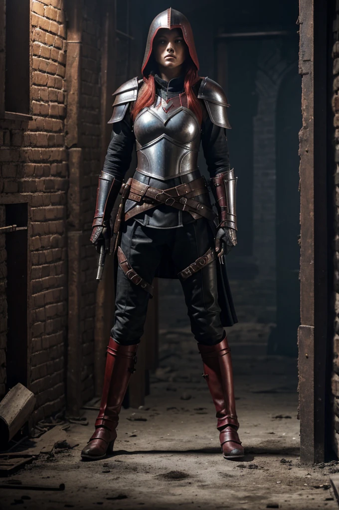 there is a woman with a red hair and a red helmet standing on a floor, blacksmith's outfit, wearing leather assassin armor, warrior outfit, wearing bullet-riddled armor, with a light leather armor, skimpy leather armor, intricate assasin armor, tied leather armor, burnt armor, female rouge assassin, corrupted armor, wearing a dark heavy plate armor