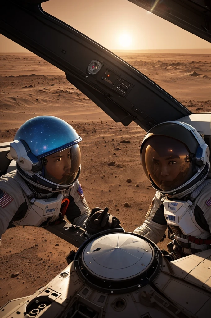 You and your friends successfully landed on Mars。You will be amazed by the view you and your friends see from the cockpit of the spaceship and the stars scattered across the Milky Way.。By emphasizing space、Shape and light to illustrate this situation。
