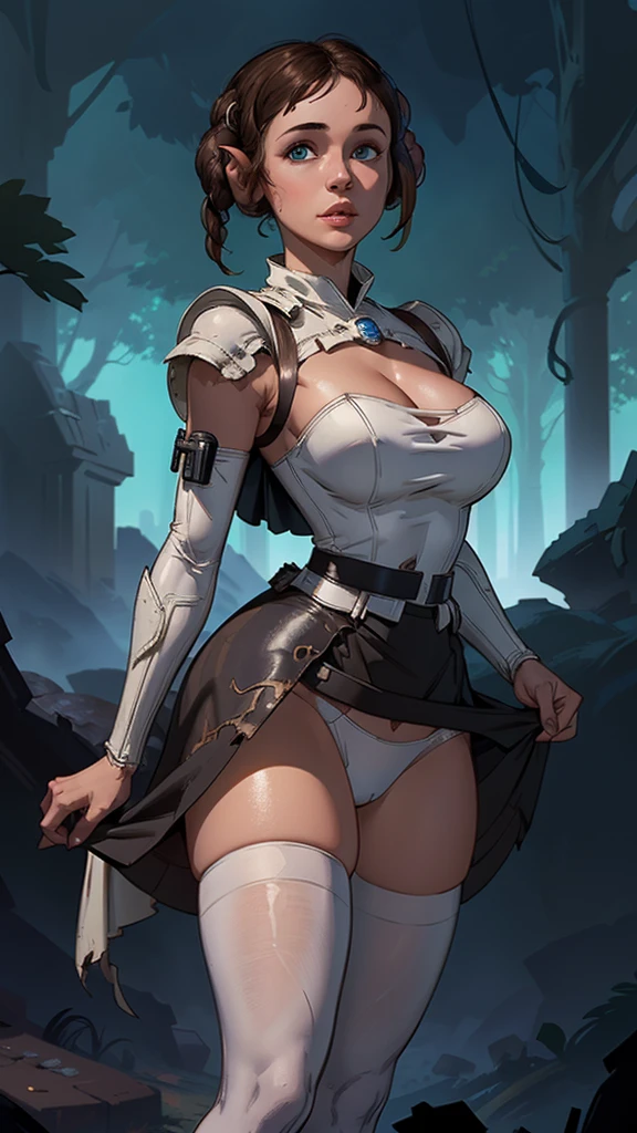 (Best quality,A high resolution,Ultra - detailed,current),princess leia, short supergirl dress, white thigh stockings, princess leia hair, (Ruined dungeon ruins cyberpunk dark forest background :1.4 ), More detailed 8K. unreal engine:1.4,UHD,Best quality:1.4, photorealistic:1.4, skin texture:1.4, masterpiece:1.8,raw-work, best quality,object Object], (detailed face features:1.3),(The correct proportions), (cowboy pose), (princess leia:1.4), (supergirl V2.1), (perfect anatomy :1.4), (large breasts),(no mutations), (dynamic cowboy pose), (face detailed :1.4), (showing panties),(white stockings and suspenders),(princess leia dress) (cinematic lighting :1.4), score_9, score_8_up, score_7_up, score_6_up, rating_explicit, 1girl, ((18YO: 1.2)), Adult, full lips, big clear eyes, brown eyes, ((black hair:1)), (forest background big trees), ( skirt lifted by itself: 1.1), (skirt lift: 1.3), (showing white panties: 1.3),score_9, score_8_up, score_7_up, score_6_up, rating_explicit, 1girl, ((18YO:1.2)), Adult, full lips, big clear eyes, brown eyes, ((black hair:1)),(face detailed V2.1)