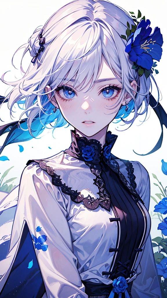 1cute boy,beautiful detailed eyes,beautiful detailed lips,extremely detailed eyes and face,longeyelashes,white hair,blue eyes,short hair in bun with flowers,shorts,surrounded by flowers,lilies,roses,poppies,wet clothing,little, little waist,no bust,blushing cheeks,4k wallpaper,high quality render,super detailed render,2D,super detailed,high quality,4k,HD,high quality hair