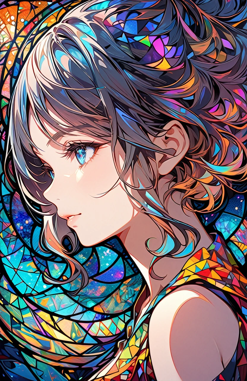 masterpiece,Highest quality,(One girl),Fractal Art,Stained Glass Art Styles,