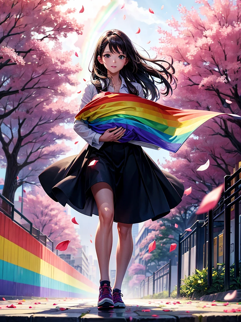 Highest quality,Highest Resolution,A woman walking down a sidewalk with falling flower petals, holding a baby,Rainbow on background,