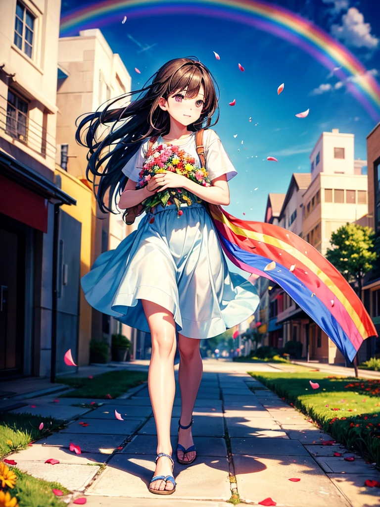 Highest quality,Highest Resolution,A woman walking down a sidewalk with falling flower petals, holding a baby,Rainbow on background,