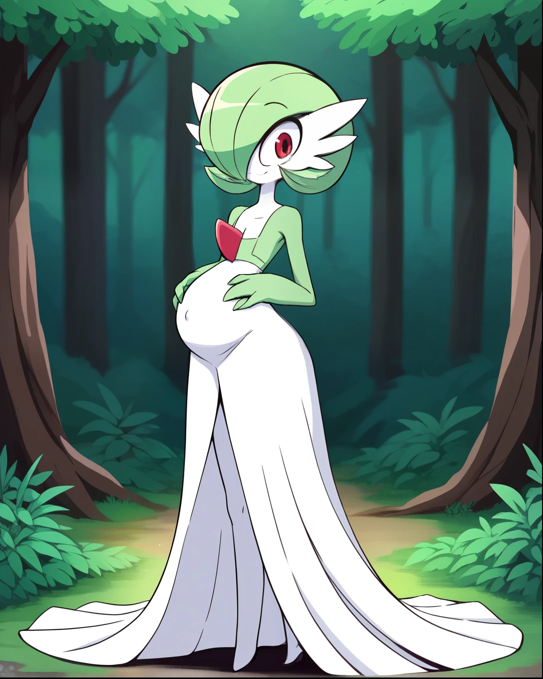 score_9, score_8_up, 1girl, gardevoir, happy, full body, outdoors, human proportions, looking at viewer, by diives, pregnant, pregnancy, shy smile, rubor, mirada tranquila, tranquila, woods, forest, bosque, manos en el vientre, hands on belly, long skirt, skirt, white skirt, long dress, senos, senos femeninos, senos grandes, big ,