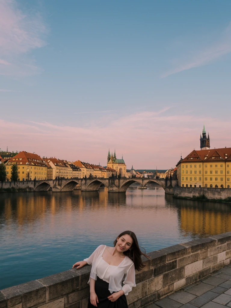 her name is Elle, high quality, 1girl, ((20-year-old fit Caucasian woman)), ((20 years old)), ((fit)), ((pale skin)), short length straight dark hair , wearingRuched Front Satin Blouse + High-Waisted Asymmetrical Skirt, pose: standing, background: Detail the romantic charm of the Charles Bridge in Prague at sunrise, with the city's spires silhouetted against the colorful sky and the Vltava River flowing below.