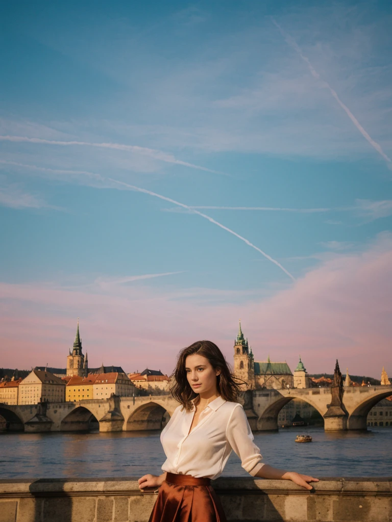her name is Elle, high quality, 1girl, ((20-year-old fit Caucasian woman)), ((20 years old)), ((fit)), ((pale skin)), short length straight dark hair , wearingRuched Front Satin Blouse + High-Waisted Asymmetrical Skirt, pose: standing, background: Detail the romantic charm of the Charles Bridge in Prague at sunrise, with the city's spires silhouetted against the colorful sky and the Vltava River flowing below.