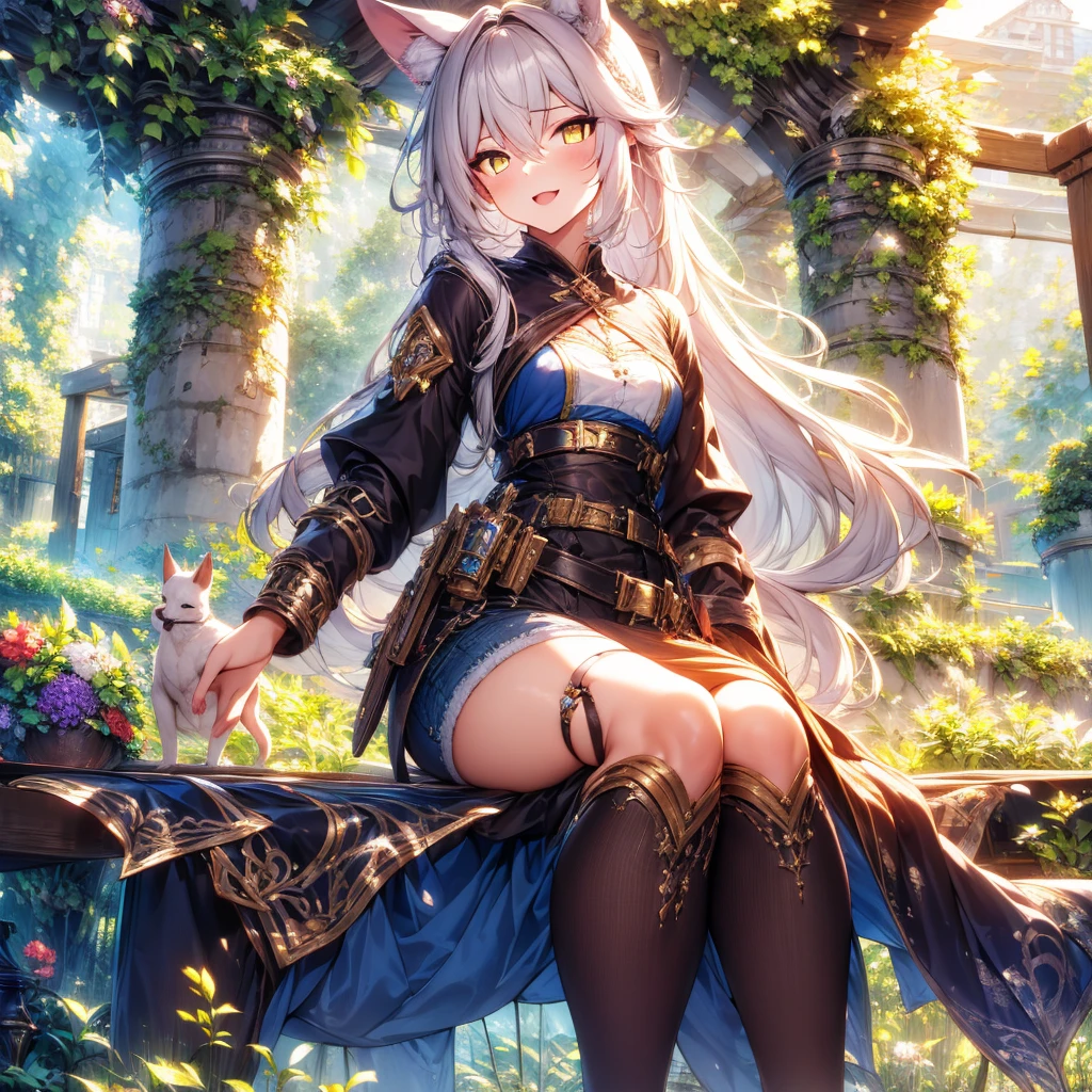 Girl with dog ears and tail, erect ears, honey yellow eyes, Highly detailed eyes, long hair and(((( White)))) with a small braid on the sides, denim shorts, translucent and low-cut blouse, whole body, looking up, open mouth smile, big chest, beautiful body, detailed face y con amplia gama de gestos, sitting on a bench around a garden with flowers of various colors, detailed background, detailed face, Play of light and shadows, cinematographic, high quality, 8k, Masterpiece,