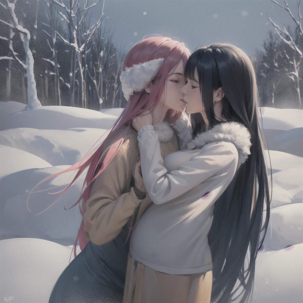 (wlop, dalcefo, realistic, painting, fine detailed faces, ((winter)), cinematic light), A future dad kisses the belly of the expectant mother. Love in this colorful image and convey the love of this moment.