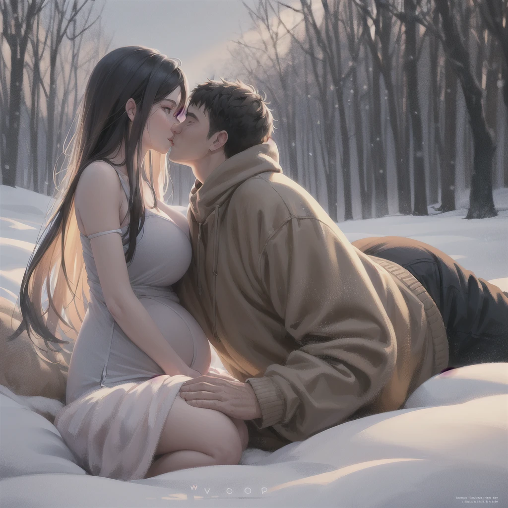 (wlop, dalcefo, realistic, painting, fine detailed faces, ((winter)), cinematic light), A future dad kisses the belly of the expectant mother. Love in this colorful image and convey the love of this moment.