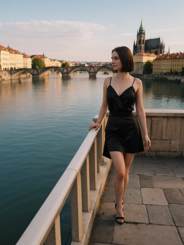 her name is Elle, high quality, 1girl, ((20-year-old fit Caucasian woman)), ((20 years old)), ((fit)), ((pale skin)), short length straight dark hair , wearingRuched Front Satin Blouse + High-Waisted Asymmetrical Skirt, pose: standing, background: Detail the romantic charm of the Charles Bridge in Prague at sunrise, with the city's spires silhouetted against the colorful sky and the Vltava River flowing below.
