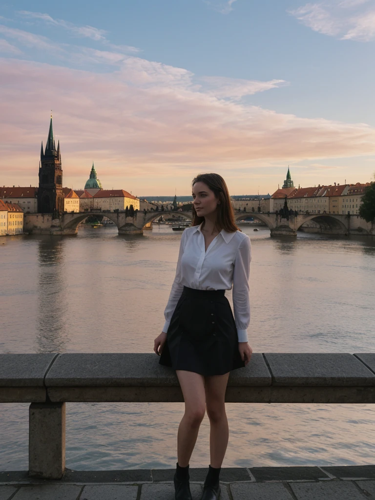 her name is Elle, high quality, 1girl, ((20-year-old fit Caucasian woman)), ((20 years old)), ((fit)), ((pale skin)), short length straight dark hair , wearingRuched Front Satin Blouse + High-Waisted Asymmetrical Skirt, pose: standing, background: Detail the romantic charm of the Charles Bridge in Prague at sunrise, with the city's spires silhouetted against the colorful sky and the Vltava River flowing below.