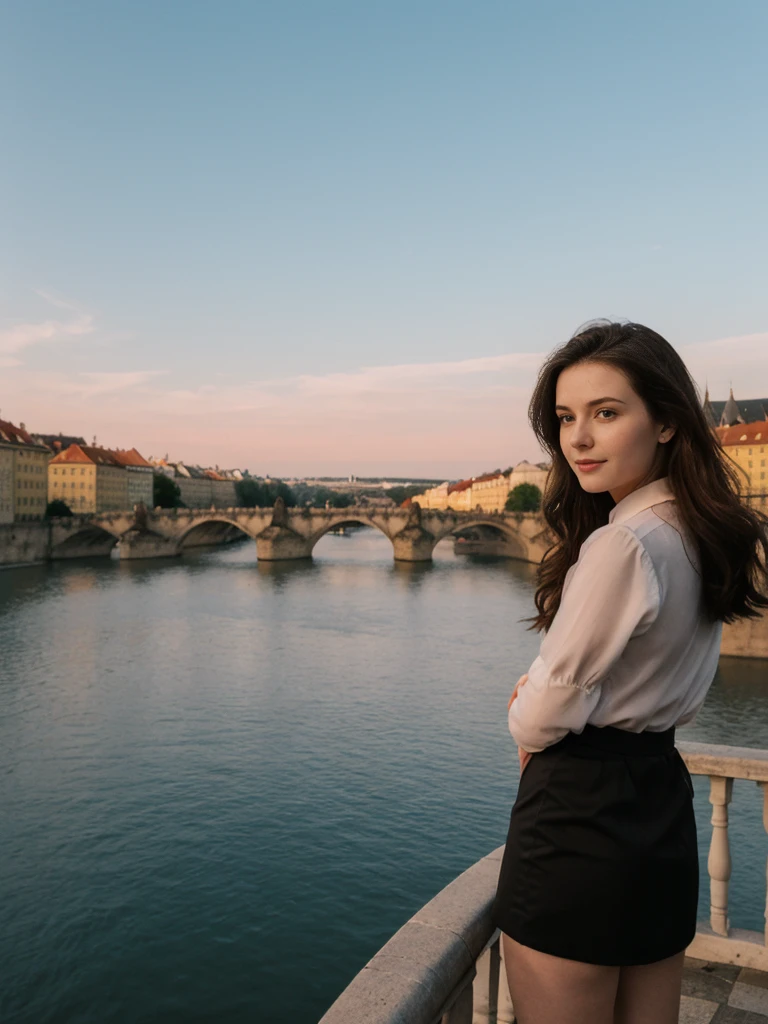 her name is Elle, high quality, 1girl, ((20-year-old fit Caucasian woman)), ((20 years old)), ((fit)), ((pale skin)), short length straight dark hair , wearingRuched Front Satin Blouse + High-Waisted Asymmetrical Skirt, pose: standing, background: Detail the romantic charm of the Charles Bridge in Prague at sunrise, with the city's spires silhouetted against the colorful sky and the Vltava River flowing below.