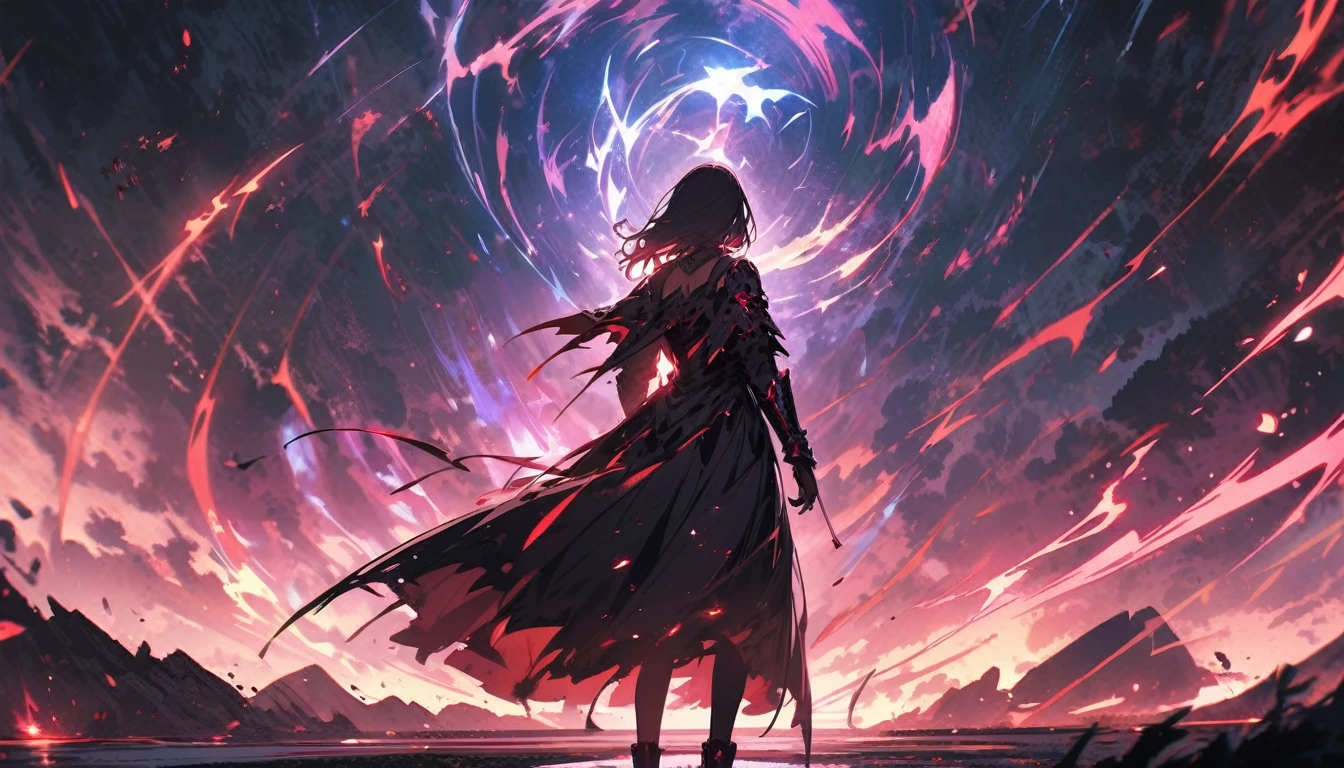 absurdres, highres,
BREAK
Demon King and Exterminating Female Brave Party, back view, fantasy, magical effect