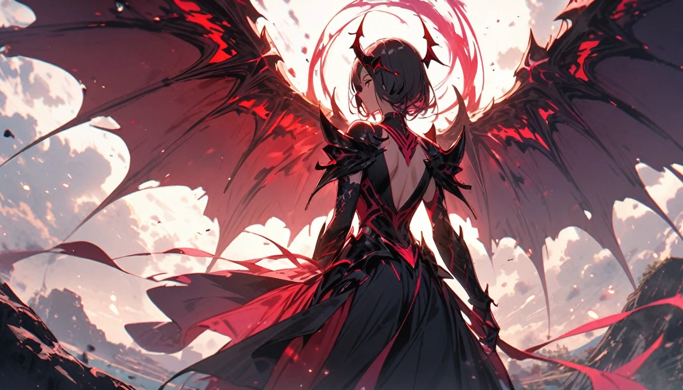 absurdres, highres,
BREAK
Demon King and Exterminating Female Brave Party, back view, fantasy, magical effect