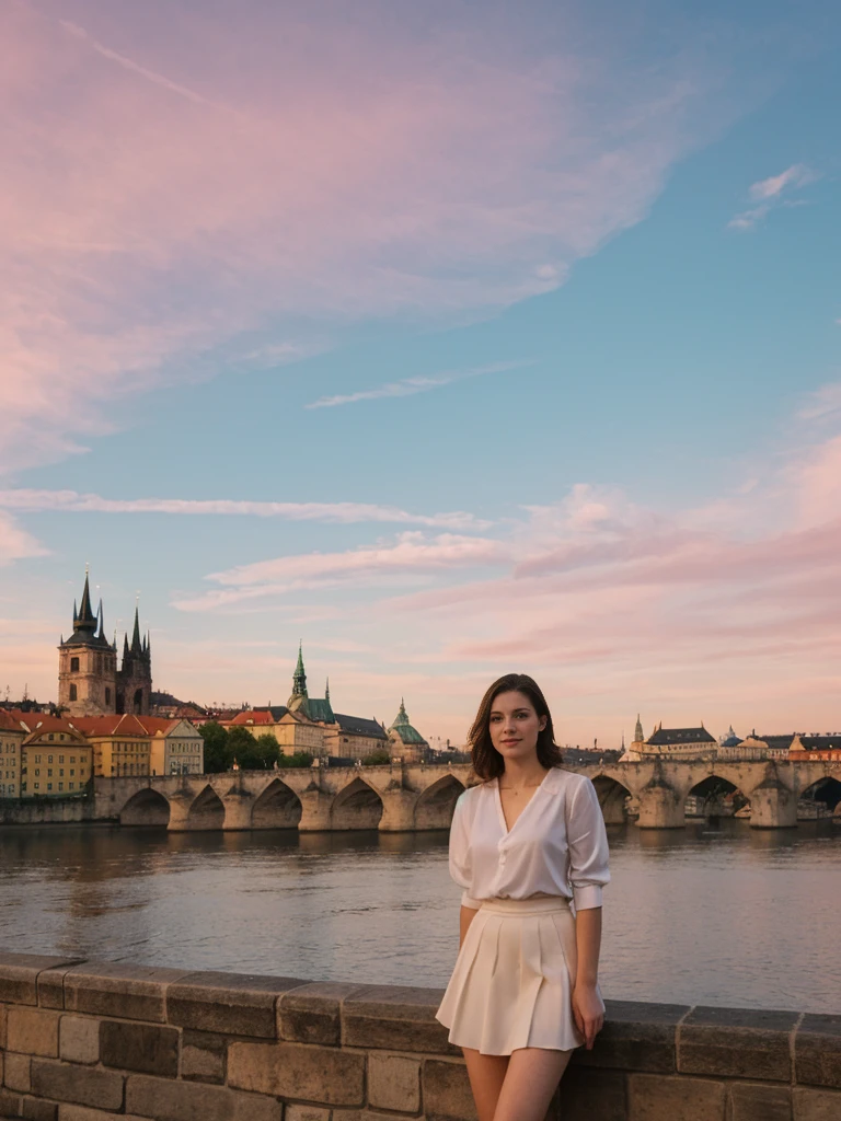 her name is Elle, high quality, 1girl, ((20-year-old fit Caucasian woman)), ((20 years old)), ((fit)), ((pale skin)), short length straight dark hair , wearingRuched Front Satin Blouse + High-Waisted Asymmetrical Skirt, pose: standing, background: Detail the romantic charm of the Charles Bridge in Prague at sunrise, with the city's spires silhouetted against the colorful sky and the Vltava River flowing below.