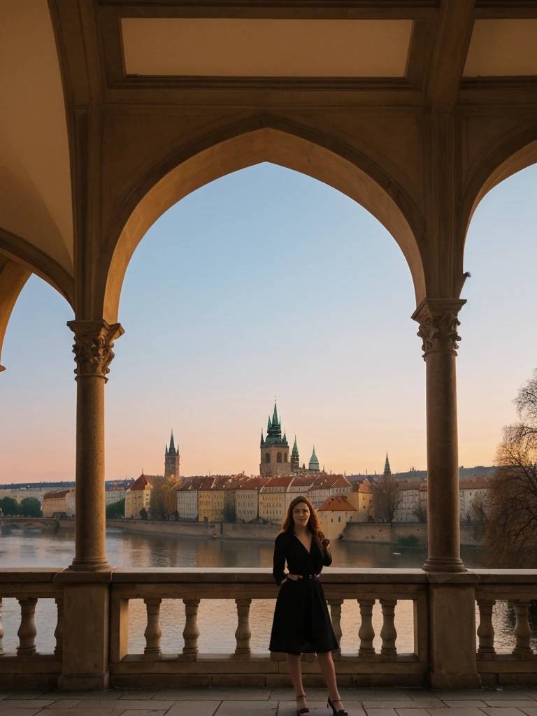 her name is Elle, high quality, 1girl, ((20-year-old fit Caucasian woman)), ((20 years old)), ((fit)), ((pale skin)), short length straight dark hair , wearingRuched Front Satin Blouse + High-Waisted Asymmetrical Skirt, pose: standing, background: Detail the romantic charm of the Charles Bridge in Prague at sunrise, with the city's spires silhouetted against the colorful sky and the Vltava River flowing below.