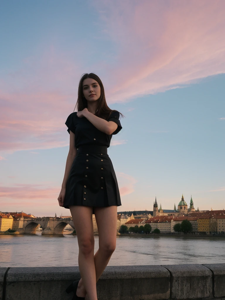 her name is Elle, high quality, 1girl, ((20-year-old fit Caucasian woman)), ((20 years old)), ((fit)), ((pale skin)), short length straight dark hair , wearingRuched Front Satin Blouse + High-Waisted Asymmetrical Skirt, pose: standing, background: Detail the romantic charm of the Charles Bridge in Prague at sunrise, with the city's spires silhouetted against the colorful sky and the Vltava River flowing below.