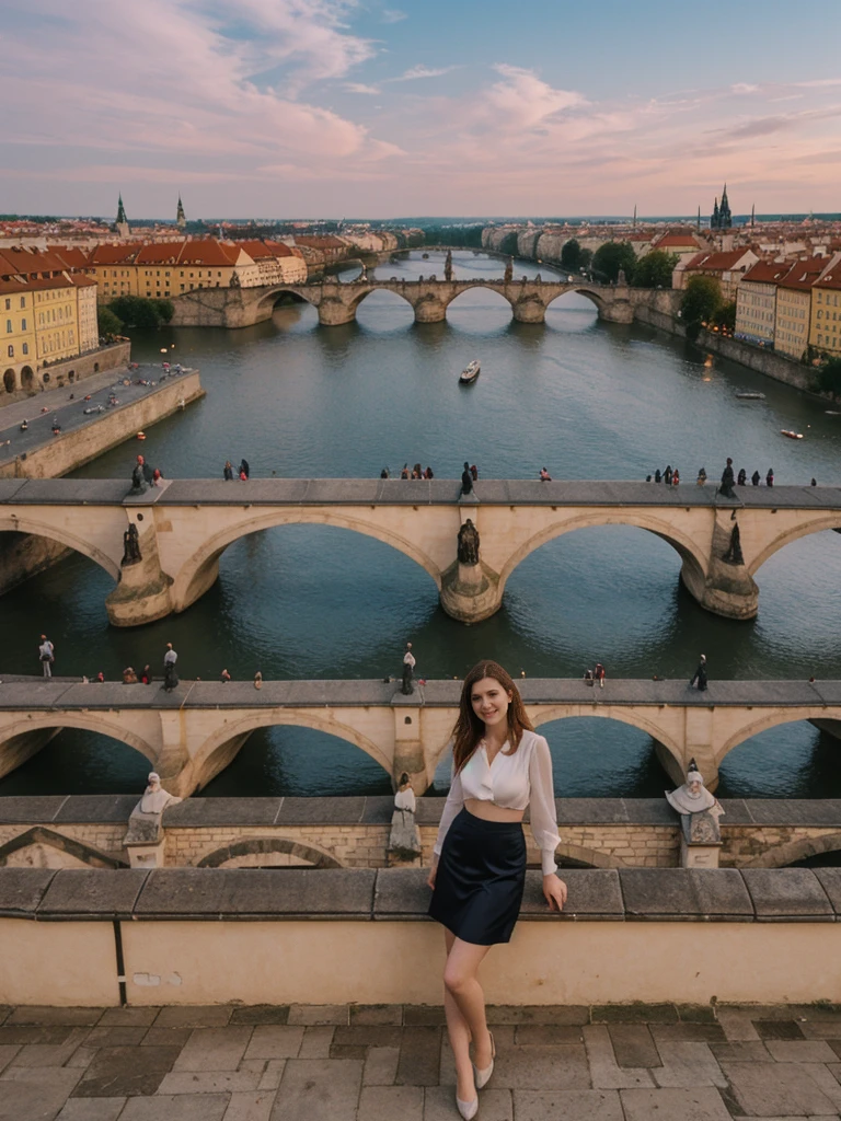 her name is Elle, high quality, 1girl, ((20-year-old fit Caucasian woman)), ((20 years old)), ((fit)), ((pale skin)), short length straight dark hair , wearingRuched Front Satin Blouse + High-Waisted Asymmetrical Skirt, pose: standing, background: Detail the romantic charm of the Charles Bridge in Prague at sunrise, with the city's spires silhouetted against the colorful sky and the Vltava River flowing below.