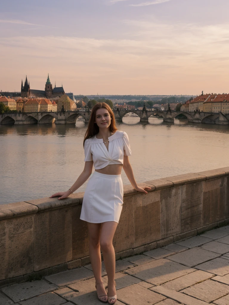 her name is Elle, high quality, 1girl, ((20-year-old fit Caucasian woman)), ((20 years old)), ((fit)), ((pale skin)), short length straight dark hair , wearingRuched Front Satin Blouse + High-Waisted Asymmetrical Skirt, pose: standing, background: Detail the romantic charm of the Charles Bridge in Prague at sunrise, with the city's spires silhouetted against the colorful sky and the Vltava River flowing below.