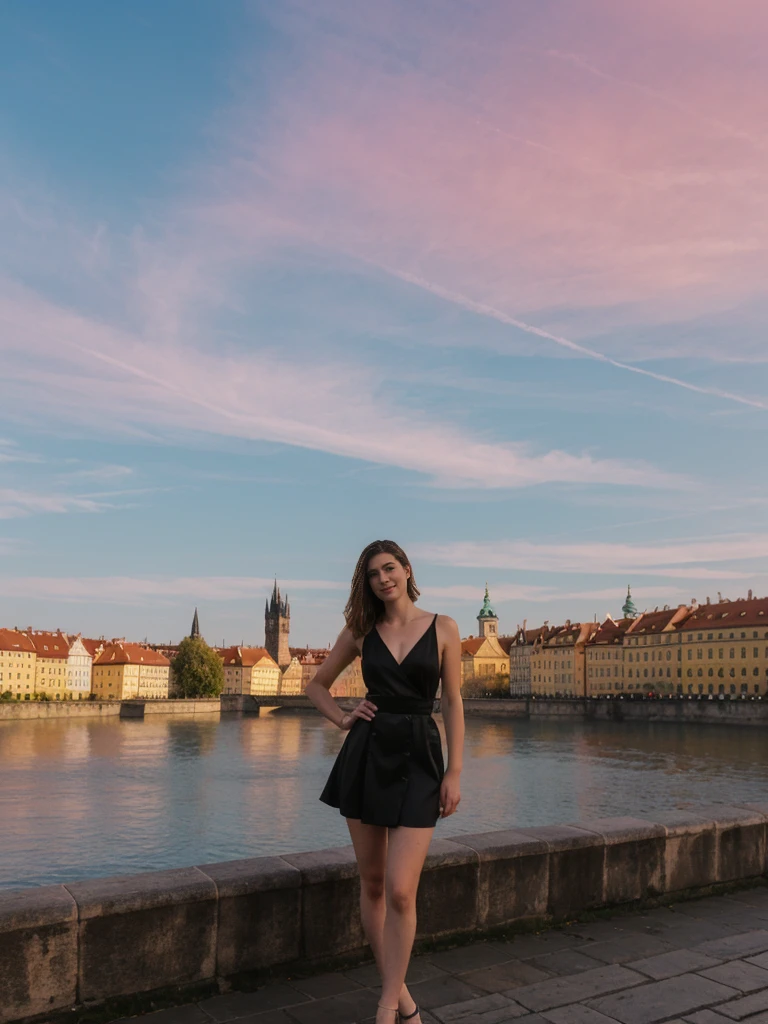 her name is Elle, high quality, 1girl, ((20-year-old fit Caucasian woman)), ((20 years old)), ((fit)), ((pale skin)), short length straight dark hair , wearingRuched Front Satin Blouse + High-Waisted Asymmetrical Skirt, pose: standing, background: Detail the romantic charm of the Charles Bridge in Prague at sunrise, with the city's spires silhouetted against the colorful sky and the Vltava River flowing below.