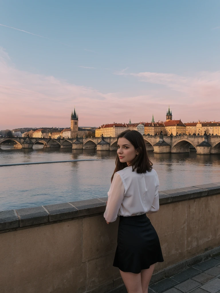 her name is Elle, high quality, 1girl, ((20-year-old fit Caucasian woman)), ((20 years old)), ((fit)), ((pale skin)), short length straight dark hair , wearingRuched Front Satin Blouse + High-Waisted Asymmetrical Skirt, pose: standing, background: Detail the romantic charm of the Charles Bridge in Prague at sunrise, with the city's spires silhouetted against the colorful sky and the Vltava River flowing below.