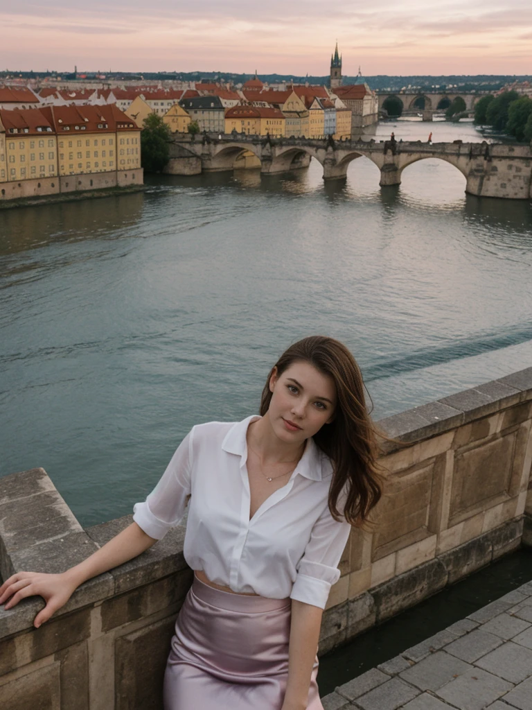 her name is Elle, high quality, 1girl, ((20-year-old fit Caucasian woman)), ((20 years old)), ((fit)), ((pale skin)), short length straight dark hair , wearingRuched Front Satin Blouse + High-Waisted Asymmetrical Skirt, pose: standing, background: Detail the romantic charm of the Charles Bridge in Prague at sunrise, with the city's spires silhouetted against the colorful sky and the Vltava River flowing below.