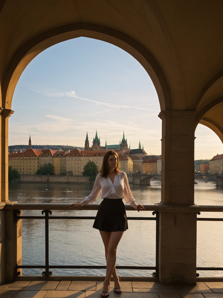 her name is Elle, high quality, 1girl, ((20-year-old fit Caucasian woman)), ((20 years old)), ((fit)), ((pale skin)), short length straight dark hair , wearingRuched Front Satin Blouse + High-Waisted Asymmetrical Skirt, pose: standing, background: Detail the romantic charm of the Charles Bridge in Prague at sunrise, with the city's spires silhouetted against the colorful sky and the Vltava River flowing below.
