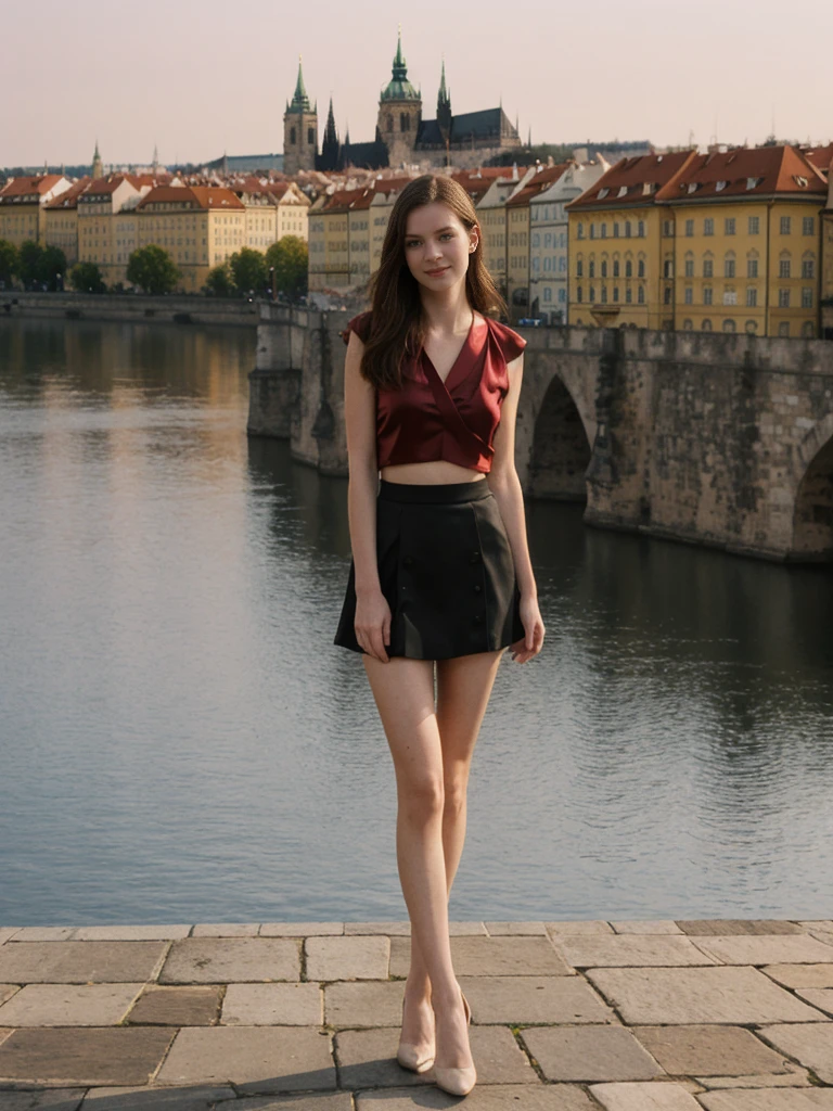 her name is Elle, high quality, 1girl, ((20-year-old fit Caucasian woman)), ((20 years old)), ((fit)), ((pale skin)), short length straight dark hair , wearingRuched Front Satin Blouse + High-Waisted Asymmetrical Skirt, pose: standing, background: Detail the romantic charm of the Charles Bridge in Prague at sunrise, with the city's spires silhouetted against the colorful sky and the Vltava River flowing below.