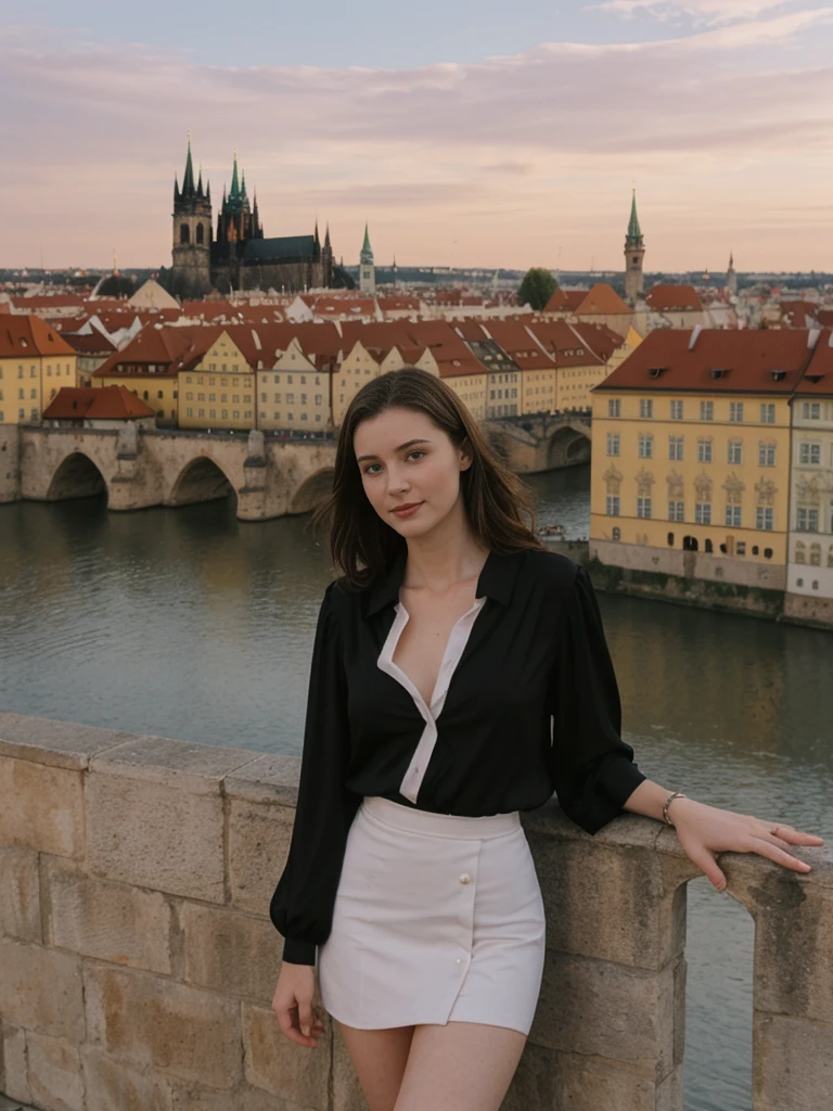 her name is Elle, high quality, 1girl, ((20-year-old fit Caucasian woman)), ((20 years old)), ((fit)), ((pale skin)), short length straight dark hair , wearingRuched Front Satin Blouse + High-Waisted Asymmetrical Skirt, pose: standing, background: Detail the romantic charm of the Charles Bridge in Prague at sunrise, with the city's spires silhouetted against the colorful sky and the Vltava River flowing below.