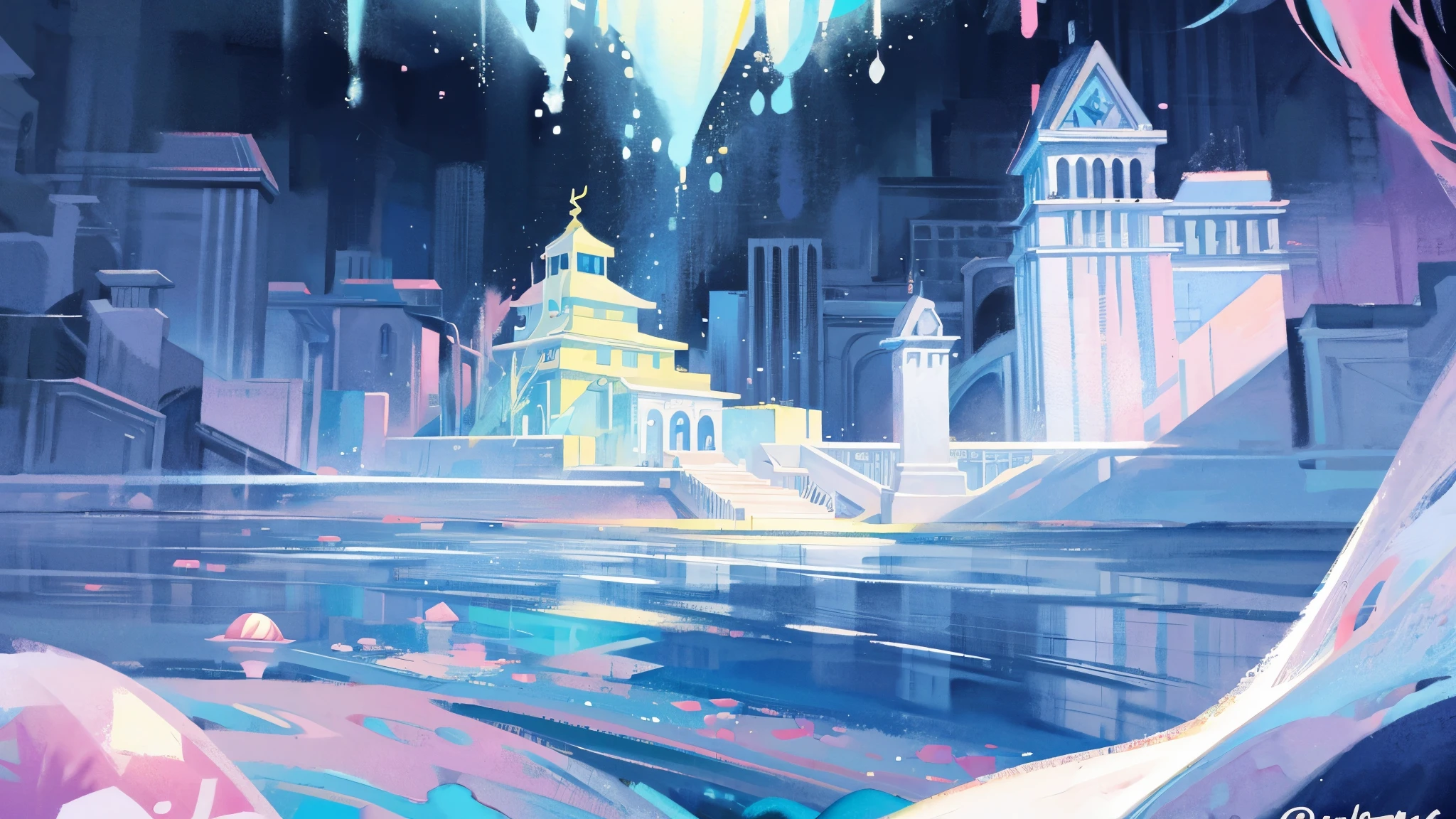 there is a picture of a cartoon scene with a giant bubble, Colorful biomorphic temple, Symmetrical fantasy landscape, water temple, challenging rainbow environment, colorful concept art, Temple of Jellyfish, detailed dream landscape, background art work, opalescent palace, A huge floating castle, Pastel overflow, fantasy watercolor, The Ethereal Realm, background art, temple background